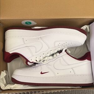 Nike Air Force 1 White and Burgundy Sneakers